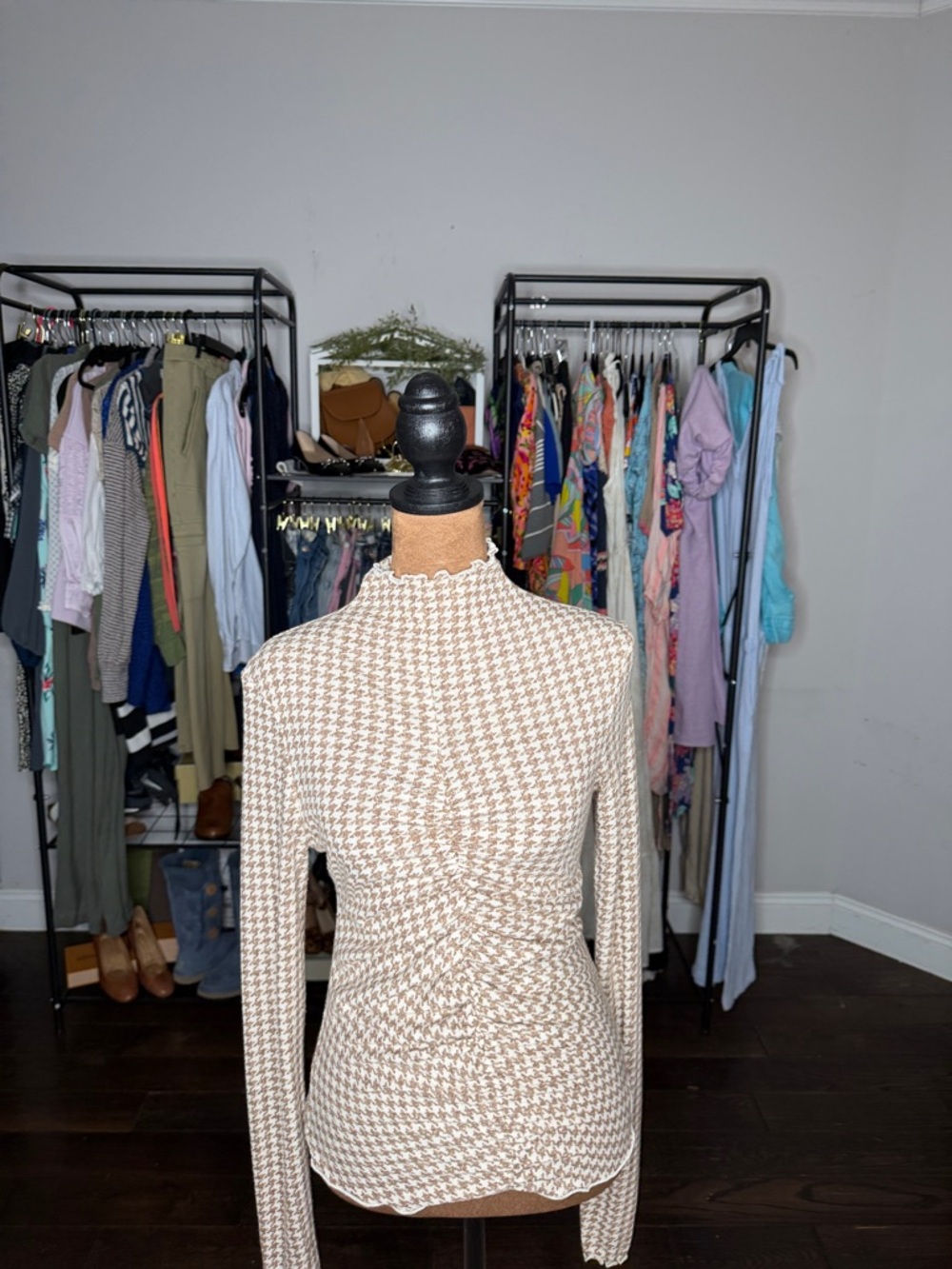 Free People Beige and White Houndstooth Twist-Front Mock Neck Top